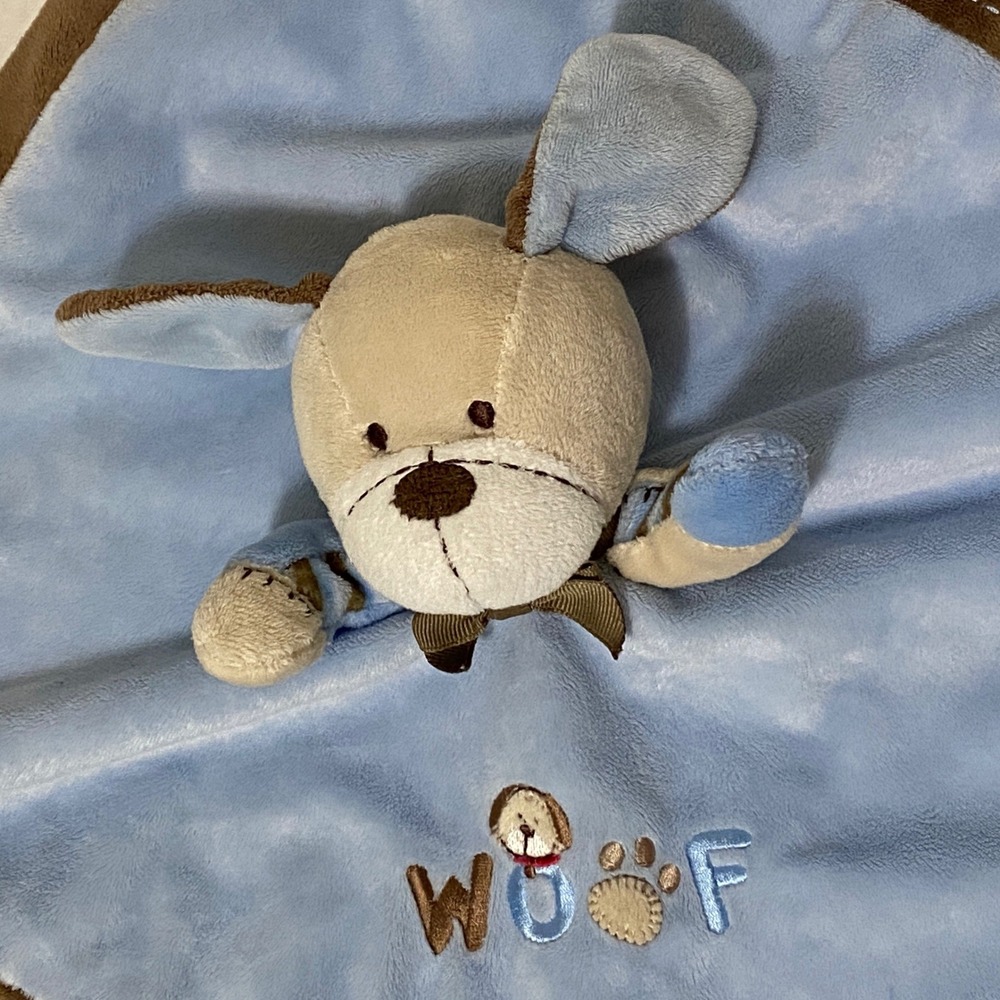 Carters Blue Puppy Dog Woof Security Blanket Rattle Satin Back Lovey Brown Blue